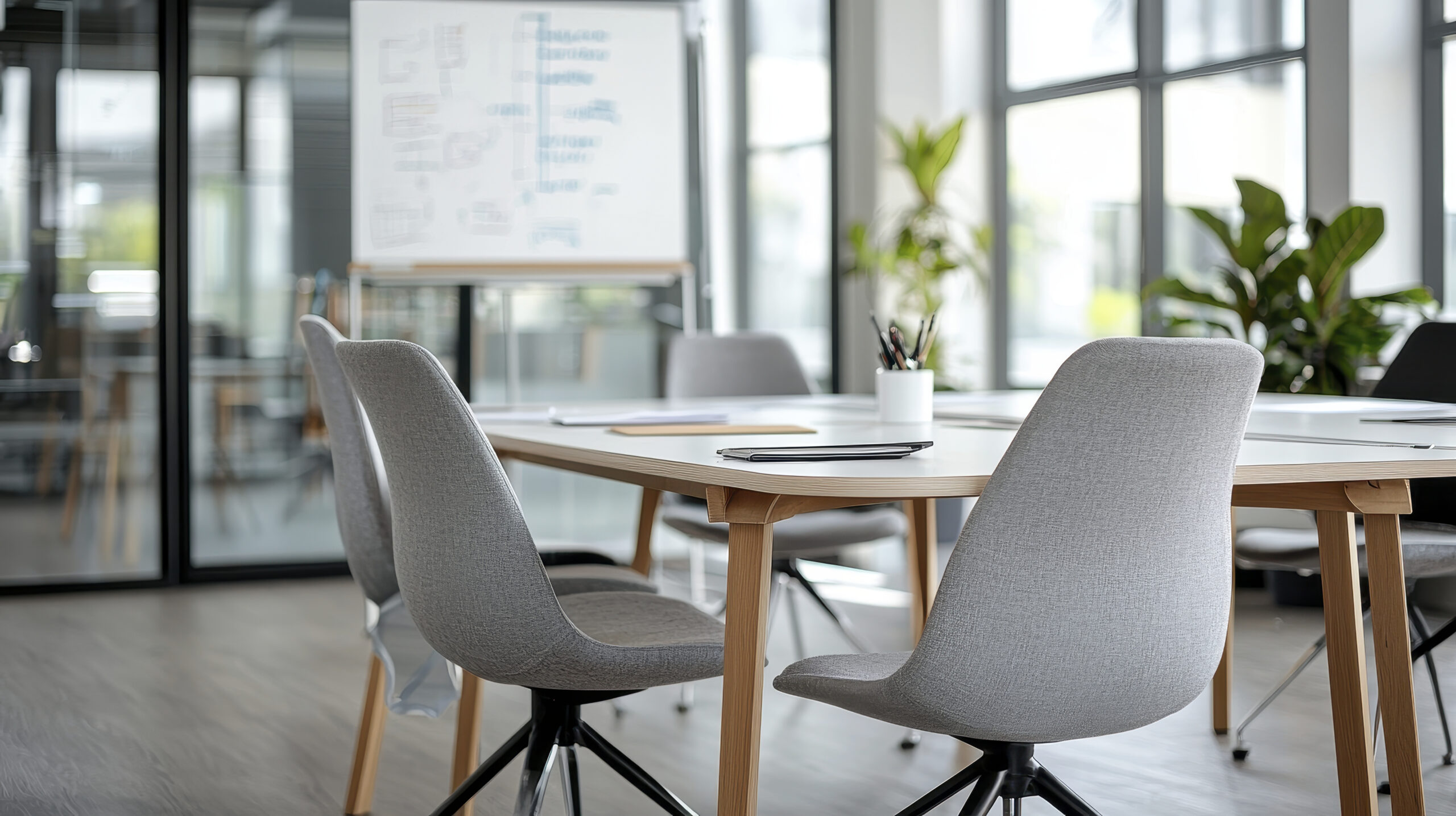 modern meeting room with stylish chairs and plants, creating productive atmosphere